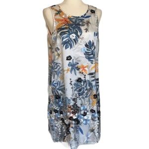 floral embroidered sheer overlay cut out tie back shift dress